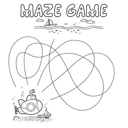 Maze puzzle game for children. Outline maze or labyrinth. Find path game with submarine. Vector illustrationsのイラスト素材