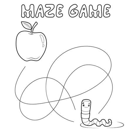 Maze puzzle game for children. Outline maze or labyrinth. Find path game with worm. Vector illustrationsのイラスト素材