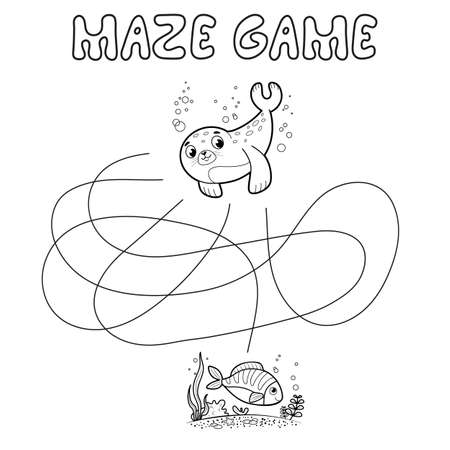 Maze puzzle game for children. Outline maze or labyrinth. Find path game with seal. Vector illustrationsのイラスト素材