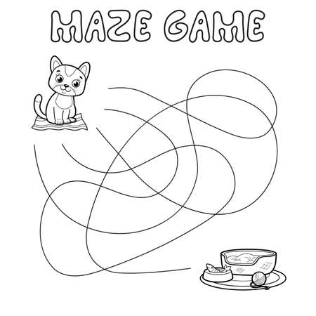 Maze puzzle game for children. Outline maze or labyrinth. Find path game with cat. Vector illustrationsのイラスト素材