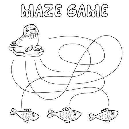 Maze puzzle game for children. Outline maze or labyrinth. Find path game with walrus. Vector illustrationsのイラスト素材