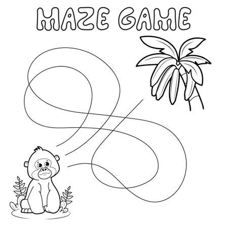 Maze puzzle game for children. Outline maze or labyrinth. Find path game with gorilla. Monkey and bananas vector illustrationsのイラスト素材