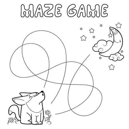 Maze puzzle game for children. Outline maze or labyrinth. Find path game with wolf. Vector illustrationsのイラスト素材