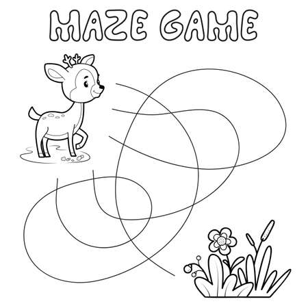 Maze puzzle game for children. Outline maze or labyrinth. Find path game with deer. Vector illustrationsのイラスト素材