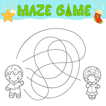 Christmas Maze puzzle game for children. Outline maze or labyrinth. Find path game with Christmas Gingerbread man.のイラスト素材