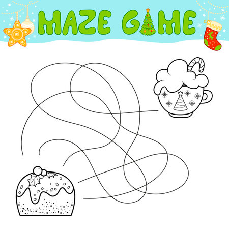 Christmas Maze puzzle game for children. Outline maze or labyrinth. Find path game with christmas cake.のイラスト素材