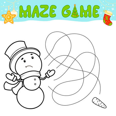 Christmas Maze puzzle game for children. Outline maze or labyrinth. Find path game with christmas Snowman.のイラスト素材