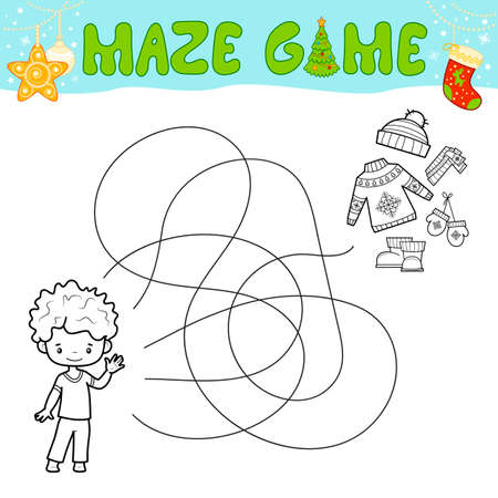 Christmas Maze puzzle game for children. Outline maze or labyrinth. Find path game with christmas boy.のイラスト素材