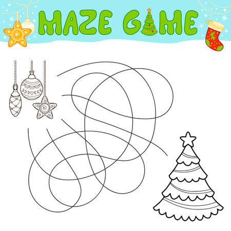 Christmas Maze puzzle game for children. Outline maze or labyrinth. Find path game with christmas tree and decorations.のイラスト素材
