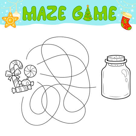 Christmas Maze puzzle game for children. Outline maze or labyrinth. Find path game with christmas Candy.のイラスト素材