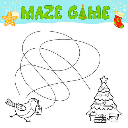 Christmas Maze puzzle game for children. Outline maze or labyrinth. Find path game with christmas Bird.のイラスト素材