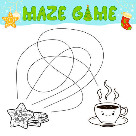 Christmas Maze puzzle game for children. Outline maze or labyrinth. Find path game with christmas cookie.のイラスト素材