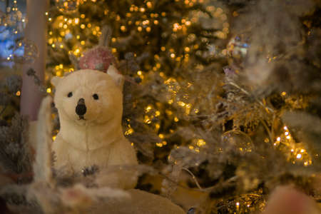 puppet white bears sit in a fairy snowy forest. Christmas installation.の写真素材