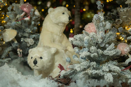 puppet white bears sit in a fairy snowy forest. Christmas installation.の写真素材