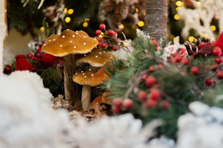 puppet mushrooms in a fairy snowy forest. Christmas installation.の写真素材