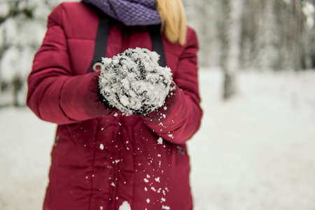 Girl sculpt snow globe in winter forest. high qualityの写真素材