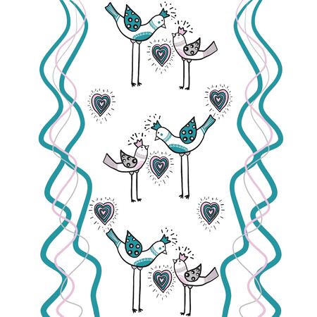 couple love birds with color heart and wave color lines are part of a beautiful ornament that creates design paper pattern.のイラスト素材