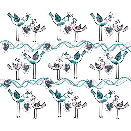 Two love birds with heart and wave color lines are part of a beautiful ornament that creates design paper pattern.のイラスト素材