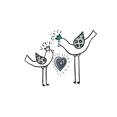 minimalistic simple drawing of Two love birds with heart.のイラスト素材