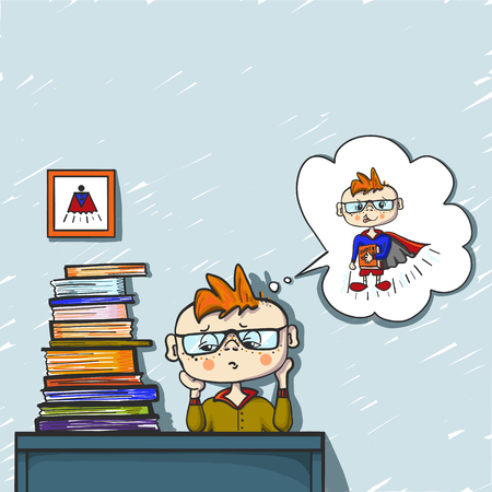 Upset little boy red hair dreams behind a pile of books. Colored drawing hand paint, little dreamer, superhero, children emotion, school day.のイラスト素材
