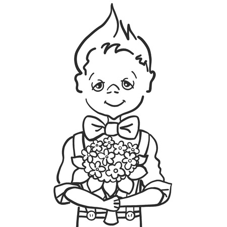 Monochrome hand paint draw of a little smile boy with batterfly who wants to give a bouquet flowers to his teacher at school, to mam, to girl, 1st september, cartoon character.のイラスト素材