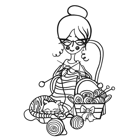 Happy cute smiling Granny woman with glasses sits in a Chair and knits knitting needles striped, cat sleeps on her knitting around the scattered balls, monochrome draw cartoon character.のイラスト素材