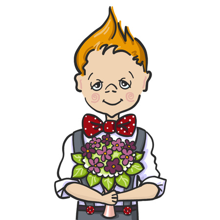 Color picture cartoon character of a little boy red hear who wants to give a bouquet of flowers to his teacher at school, to mam, to girl.のイラスト素材