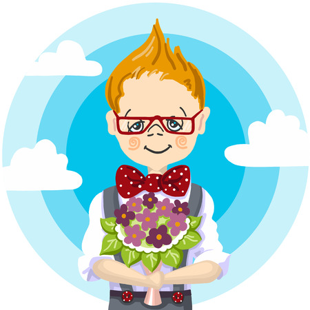 A 1st school day, september education, color hand paint draw of smile school boy red glasses who take a bouquet flowers to his teacher at schoolのイラスト素材