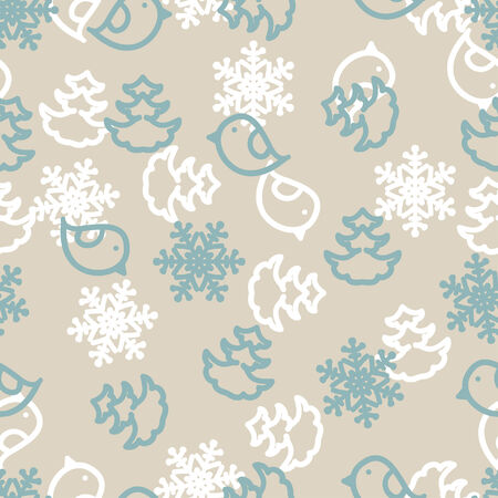 Seamless winter background with snowflakes, birds and christmas trees. Vector illustration.のイラスト素材