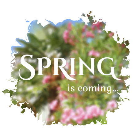 Wake up. Spring is coming lettering on unfocused flower background. Vector illustrationのイラスト素材