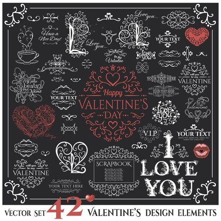 Set of Calligraphic Valentines Day design elements and Quotes. Vector illustration.のイラスト素材