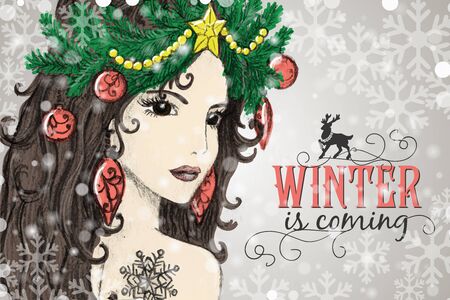 Hand drawn Christmas beautiful woman. Vector illustrationのイラスト素材