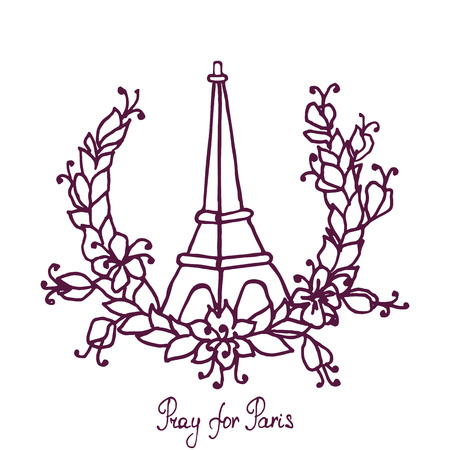 Hand drawing Eiffel Tower and Floral wreath. Pray for Paris. Vector illustrationのイラスト素材