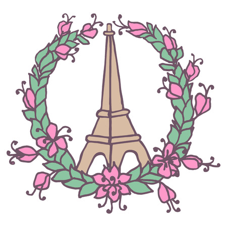 Hand drawing Eiffel Tower and Floral wreath. Pray for Paris. Vector illustrationのイラスト素材
