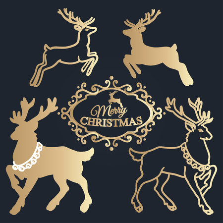Merry Christmas lettering. Golden reindeers. Vector illustrationのイラスト素材