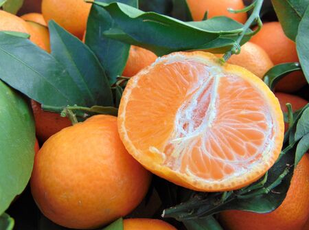Cut tangerine clementine with green leaves on a background of fresh tangerines for sale at the market. Citrus fruits, ripe sicilian mandarins at the farmers Italian market. Background, close-up.の写真素材