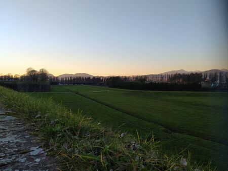 View from the old city wall at sunset, panorama. Lucca, Italy.の写真素材