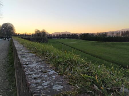 View from the old city wall at sunset, panorama. Lucca, Italy.の写真素材
