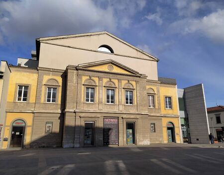Campi Bisenzio, Tuscany, Italy, January 24, 2020. The theater "Teatrodante Carlo Monni" in the center of town at sunset.のeditorial素材