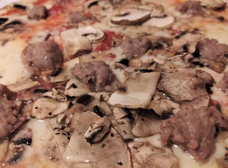 Pizza with sausage-salsiccia, mushrooms champignons, mozzarella and tomatoes, close-up, background. Italian traditional cuisine.の写真素材