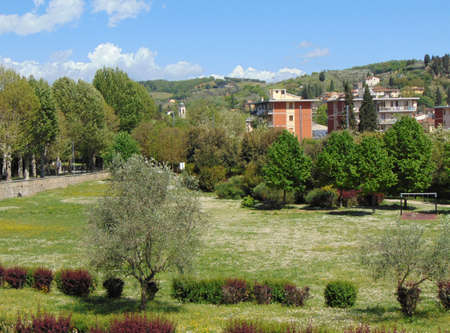 Montelupo Fiorentino, Tuscany, Italy, April 27th, 2019. View of the city and the green park, panorama.のeditorial素材