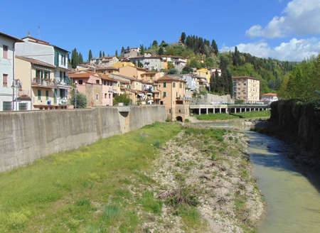 Montelupo Fiorentino, Tuscany, Italy, April 27th, 2019. View of the city and river from the bridge, panorama.のeditorial素材