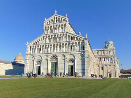 Pisa Tuscany Italy. January 7th, 2019. View of the Pisa Cathedral facade (Santa Maria Assunta) with leaning tower on the Square of Miracles (Piazza dei Miracoli).のeditorial素材