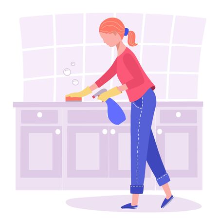 A woman does cleaning, wipes the cabinets in the kitchen.のイラスト素材