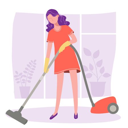 A woman vacuuming floor.のイラスト素材