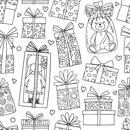 Seamless pattern with gift boxes, doll and Teddy bear.のイラスト素材