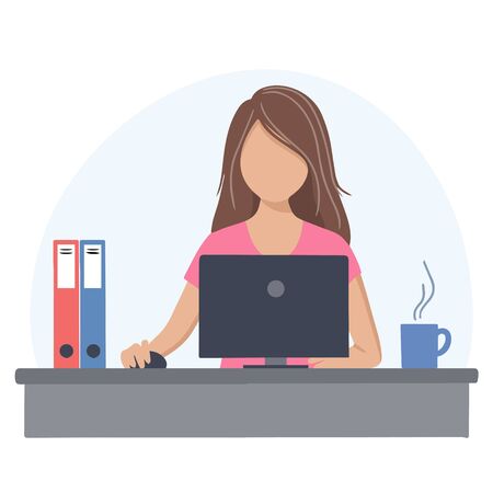 The girl is sitting at a table and working on a computer.のイラスト素材