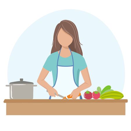 The girl cuts vegetables. Vector illustration in the flat design style.のイラスト素材