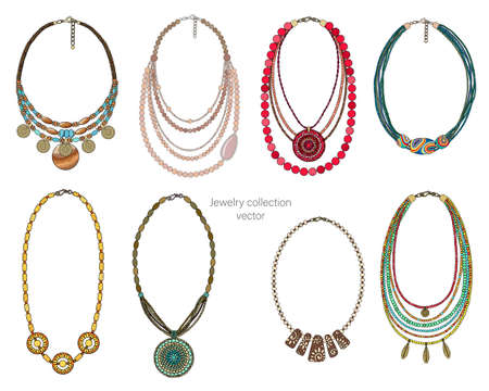 Jewelry collection of necklaces. Isolated on a white background. Vectorのイラスト素材