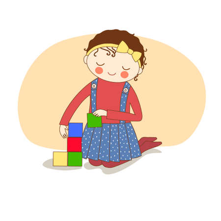 Childhood. A little girl playing with children's cubes. Vectorのイラスト素材